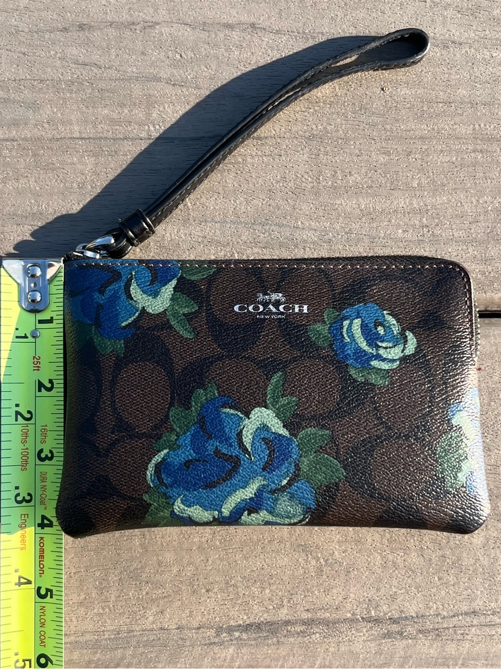 Coach; Brown Monogram; Blue Painter Style Floral; Corner Zip Wristlet; 6x4in - Picture 4 of 11